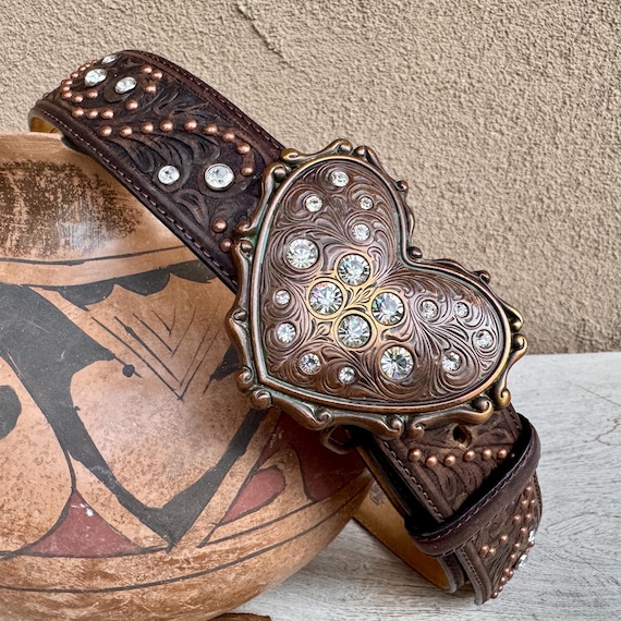 Western Size 30 Leather Belt Brass Heart Buckle by Justin
