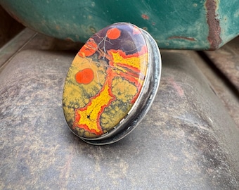 Sterling Silver Poppy Jasper or Agate Ring Approx Size 8.5, Stone Cracked, 51g