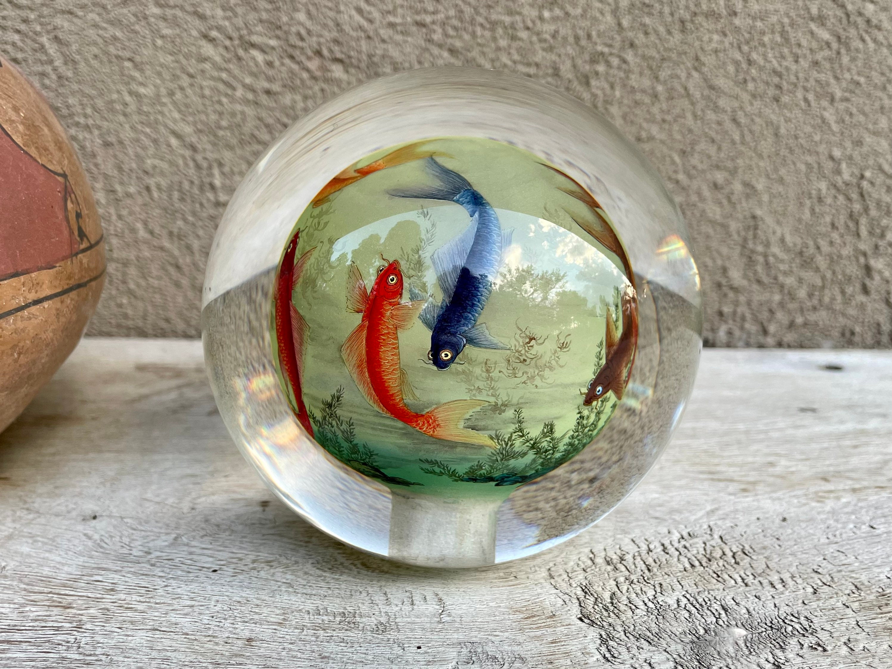 Vintage Chinese Reverse Painted Paperweight Orb with Koi Fish, Sun