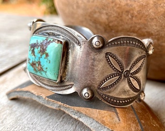 Fred Harvey Era Whirling Log Natural Turquoise Cuff Bracelet Size 7, Antique Navajo Old Pawn, Vintage Native American Indian Jewelry Men's