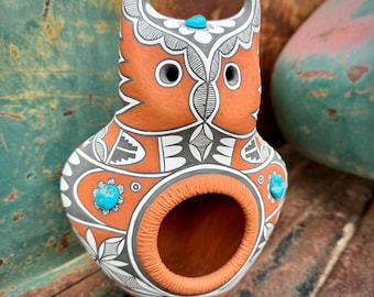 Vintage Jemez Pottery Owl Statue by Mary Small, Approx 9" Tall, Authentic Turquoise Accents