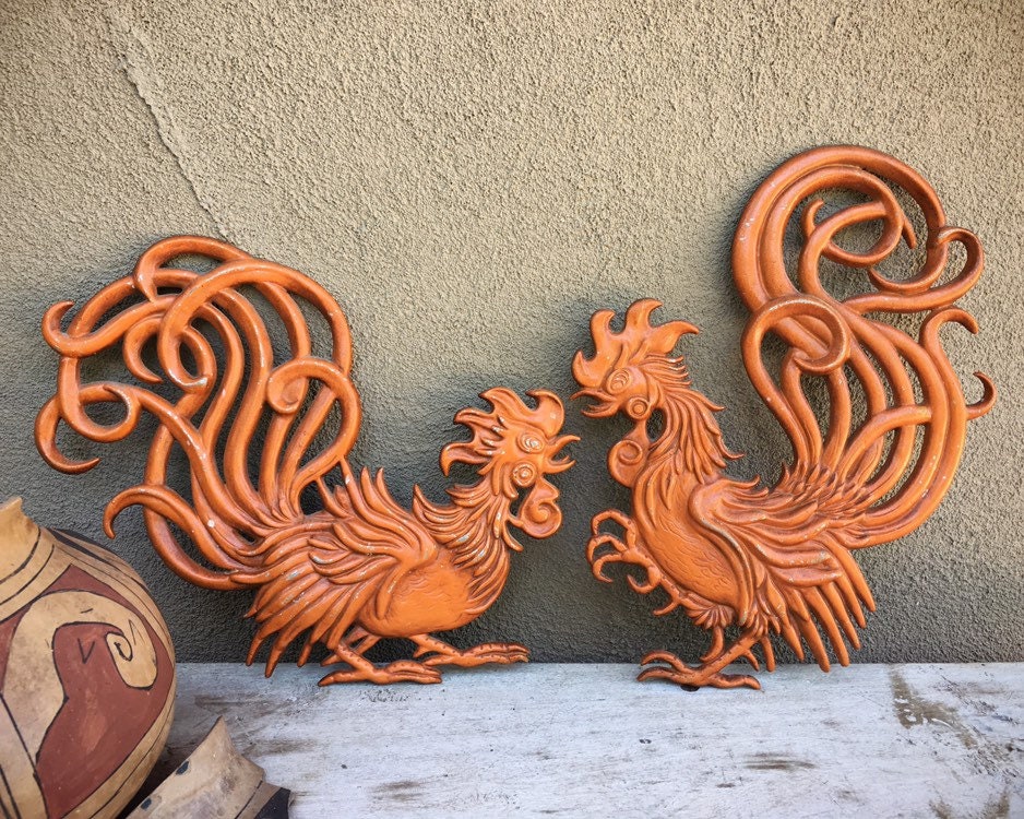 Pair of Mid Century Metal Rooster Wall Plaques Painted Orange by Vermay