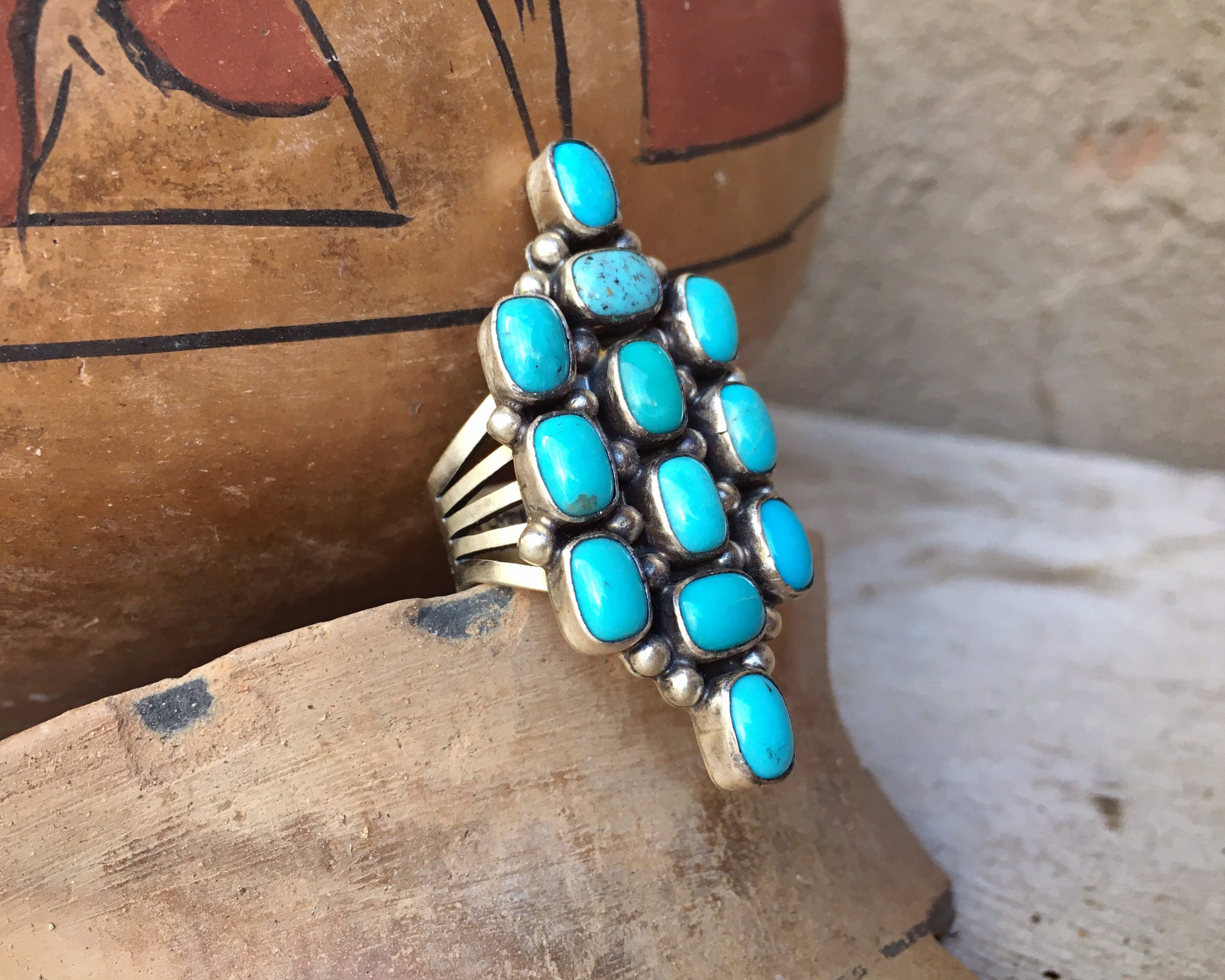 Navajo Paul Livingston Turquoise Cluster Ring for Women Size 8, Native ...