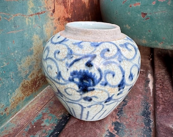 Antique Blue White Porcelain Ginger Jar Approx 5" Tall (No Lid), Chinoiserie Decor