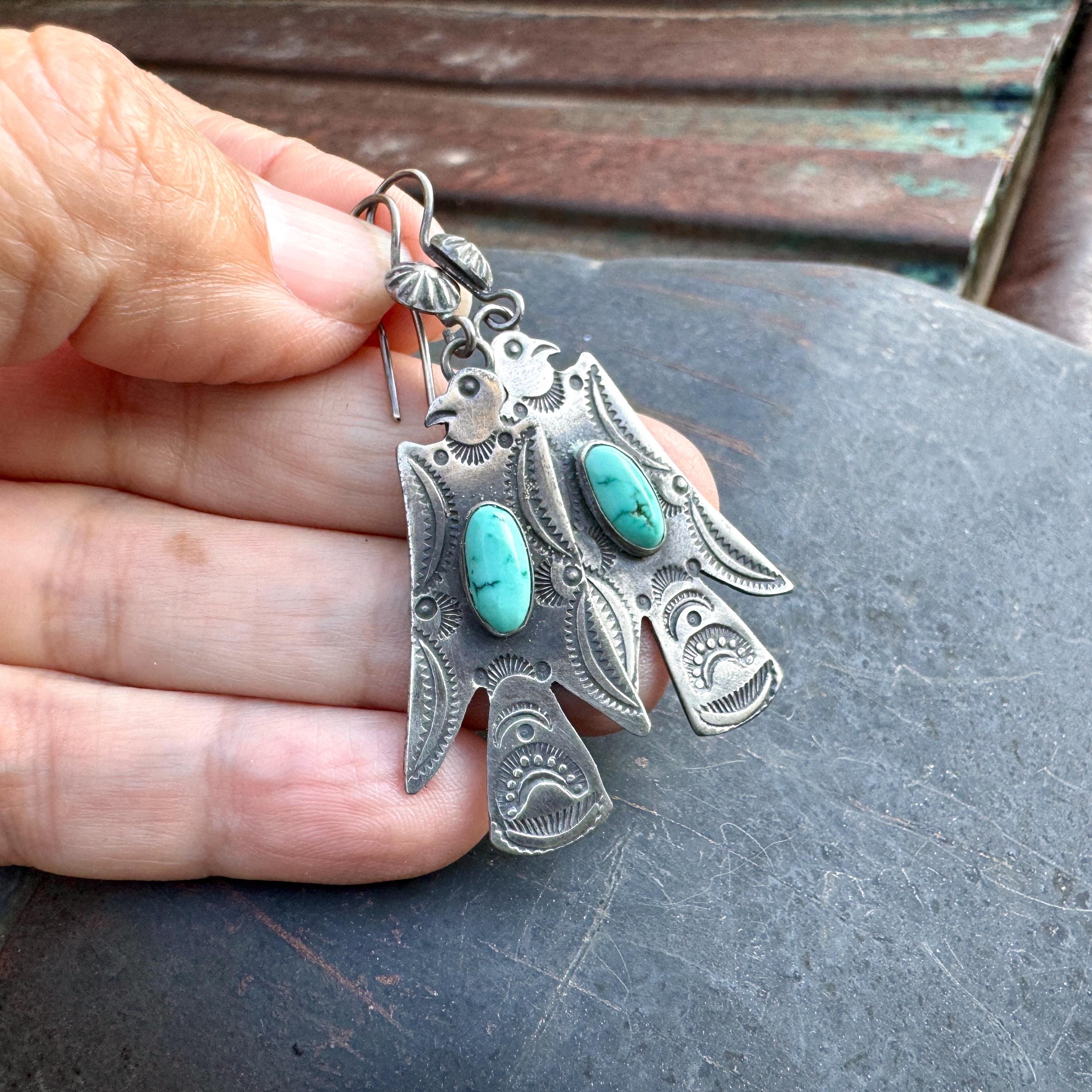 Vintage Thunderbird Earrings in Fred Harvey Style, Navajo Vintage Thunderbird Earrings in Fred Harvey Style, Navajo