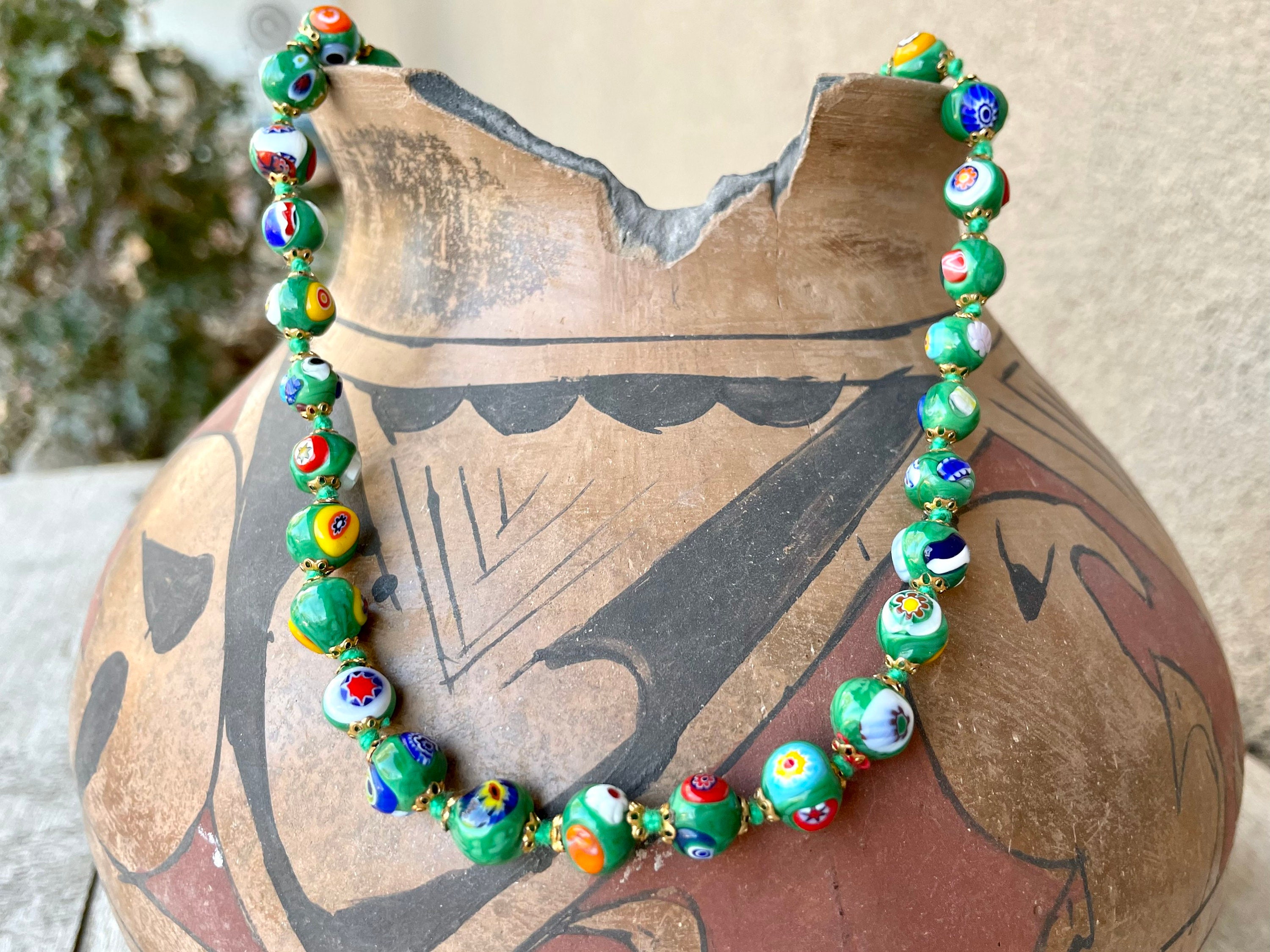 Vintage Italian Millefiori Glass Bead Necklace 17 Hand Knotted, Gold