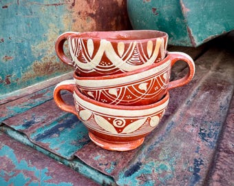 Three Old Mexican Pottery Cups Decorative Only, Tlaquepaque Redware
