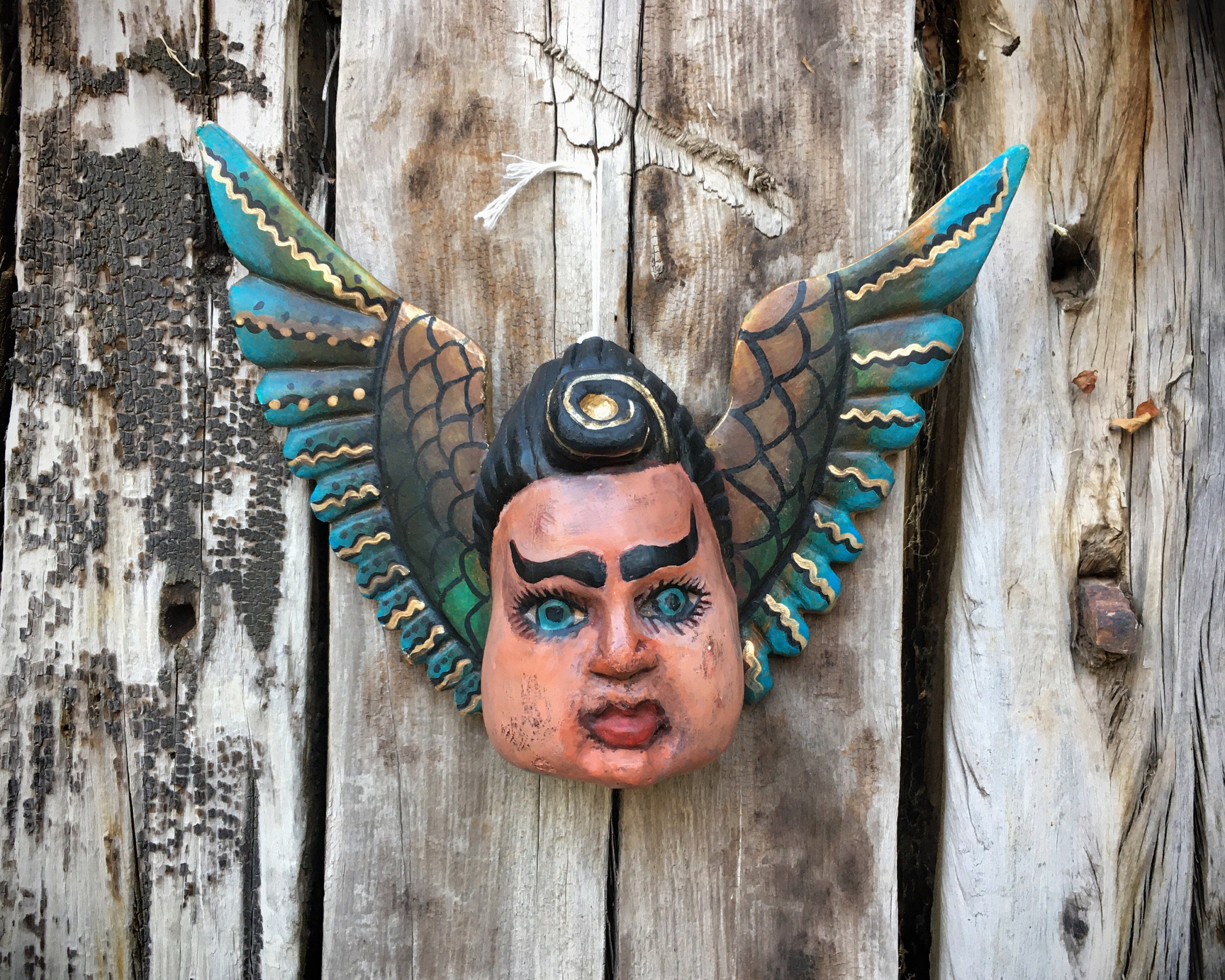 Carved Wood Angel with Wings Wall Hanging, Mexican Folk Art, Religious