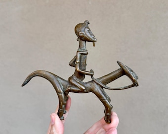 Vintage Small Bronze Figure Person on Horse Approx 6" W by 5" T, Tribal Art African