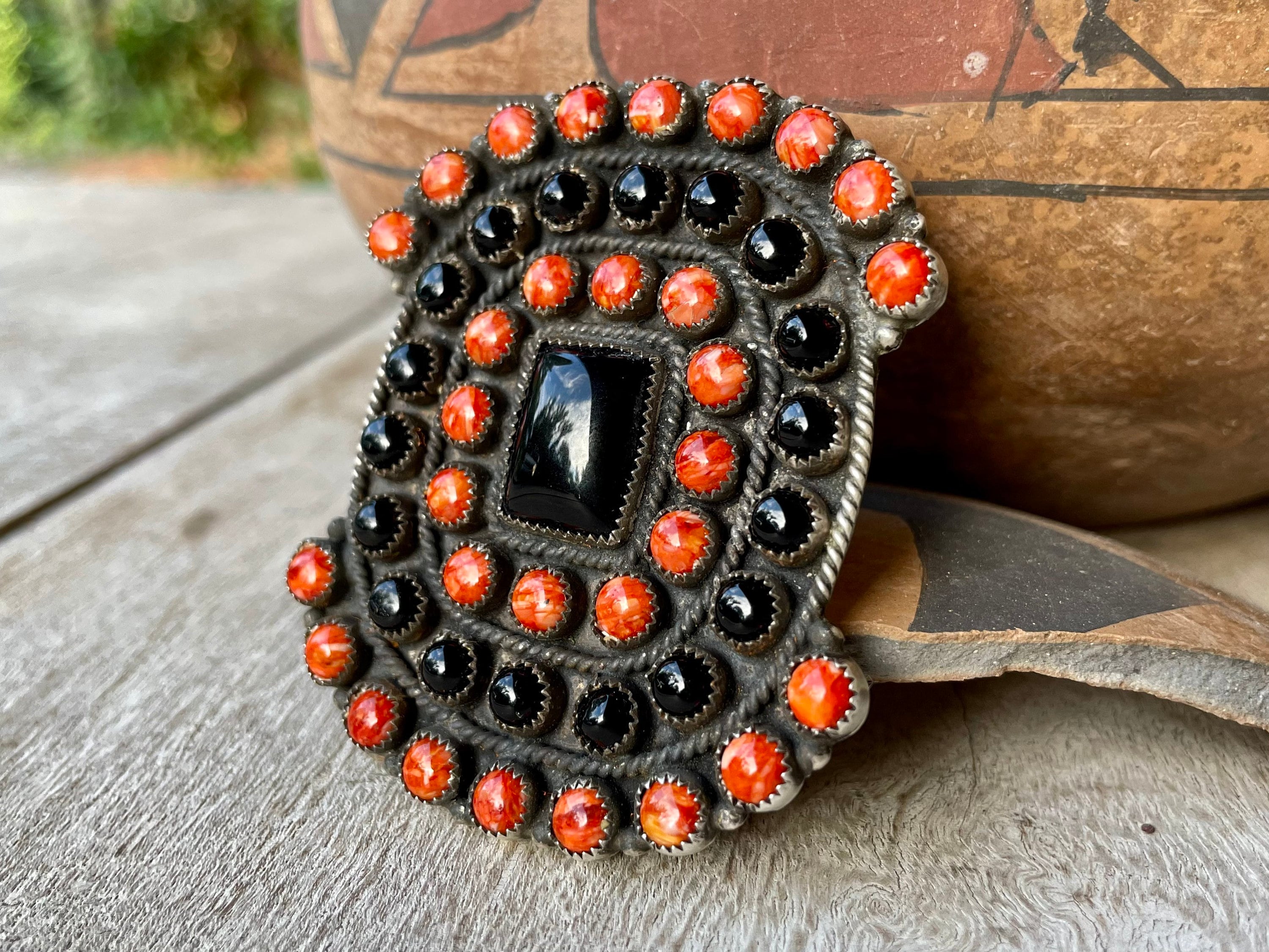 Huge 36g Black Onyx RedOrange Spiny Oyster Ring Size 9, Navajo Devin