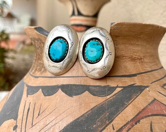 Vintage Oval Shadowbox Turquoise Post Earrings, Native American Indian Jewelry, Short Hair Fashion