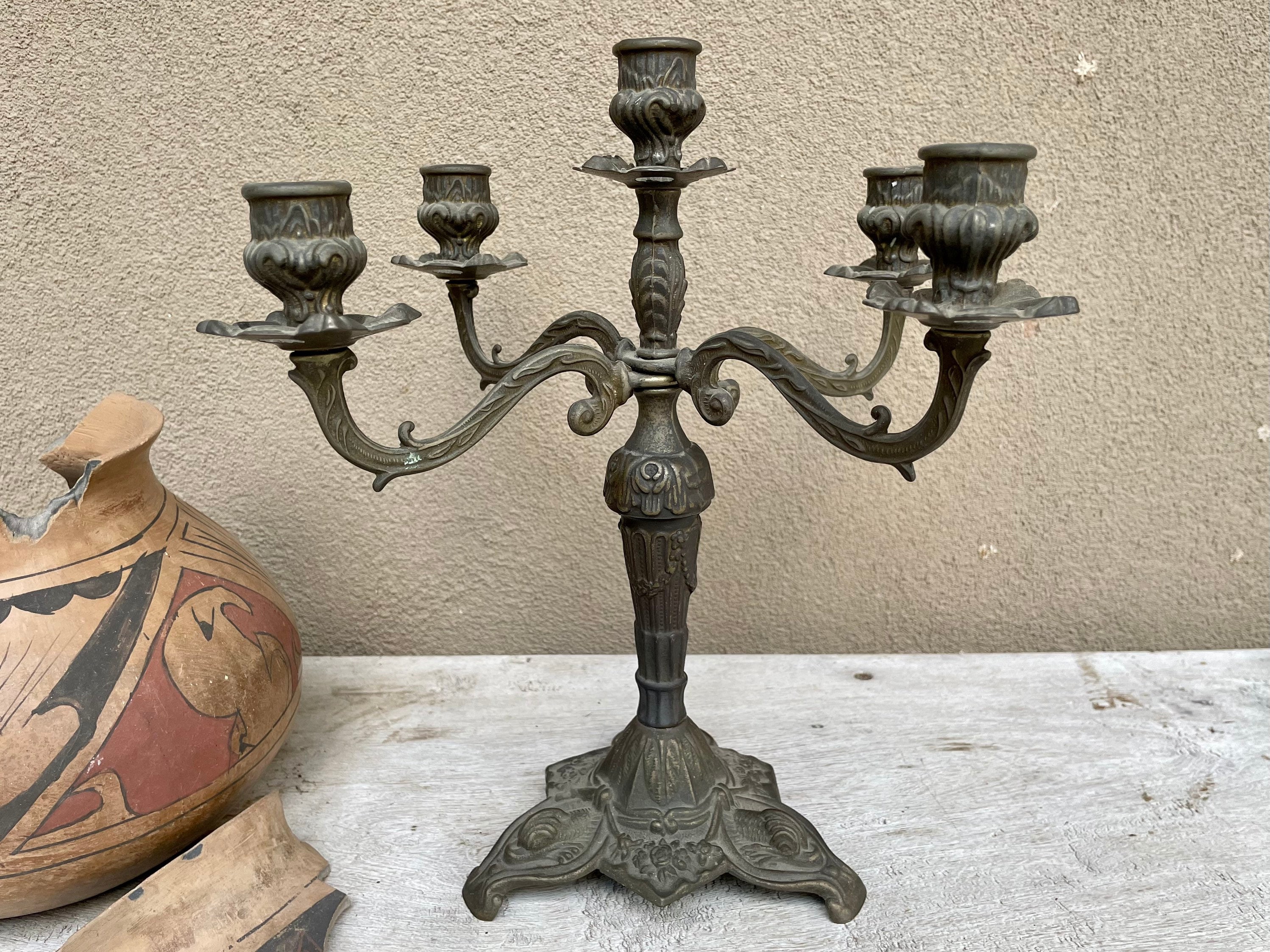 Vintage Metal Candelabra Gothic Style Five Candles Centerpiece, Victorian Wedding, Medieval Home