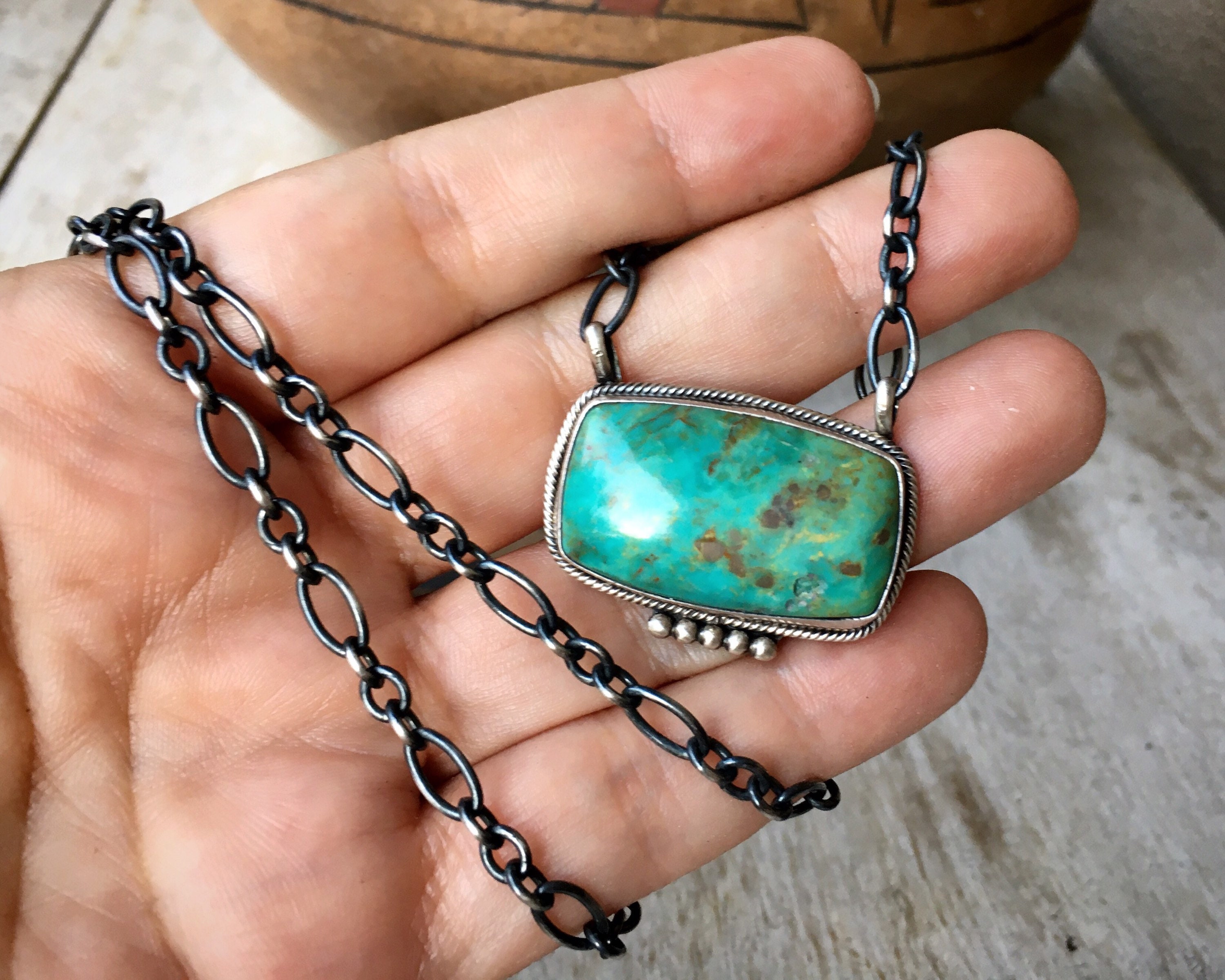Navajo Esther Spencer Turquoise Bar Necklace with Oxidized