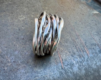 Brutalist Sterling Silver Wraparound Wire Ring Approx Size 6, Vintage Sculptural Band