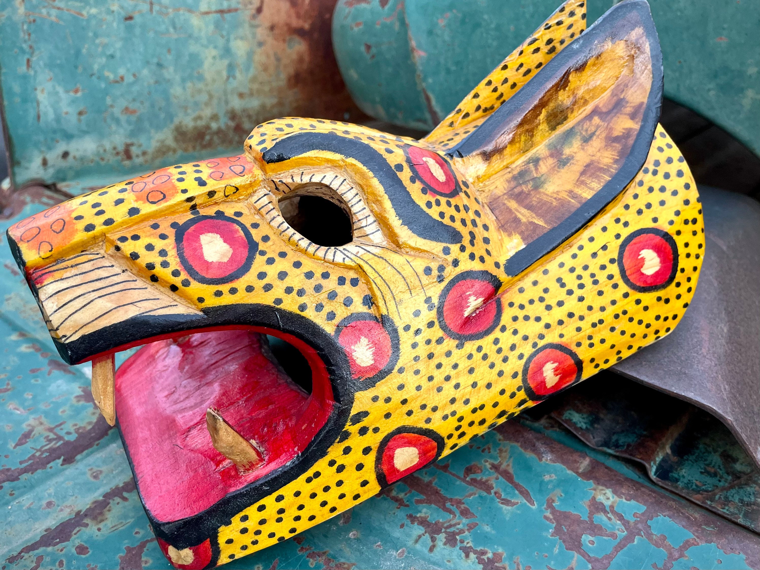 Carved Painted Vintage Mexican Wooden Mask of Jaguar Tigre, Mexico Folk