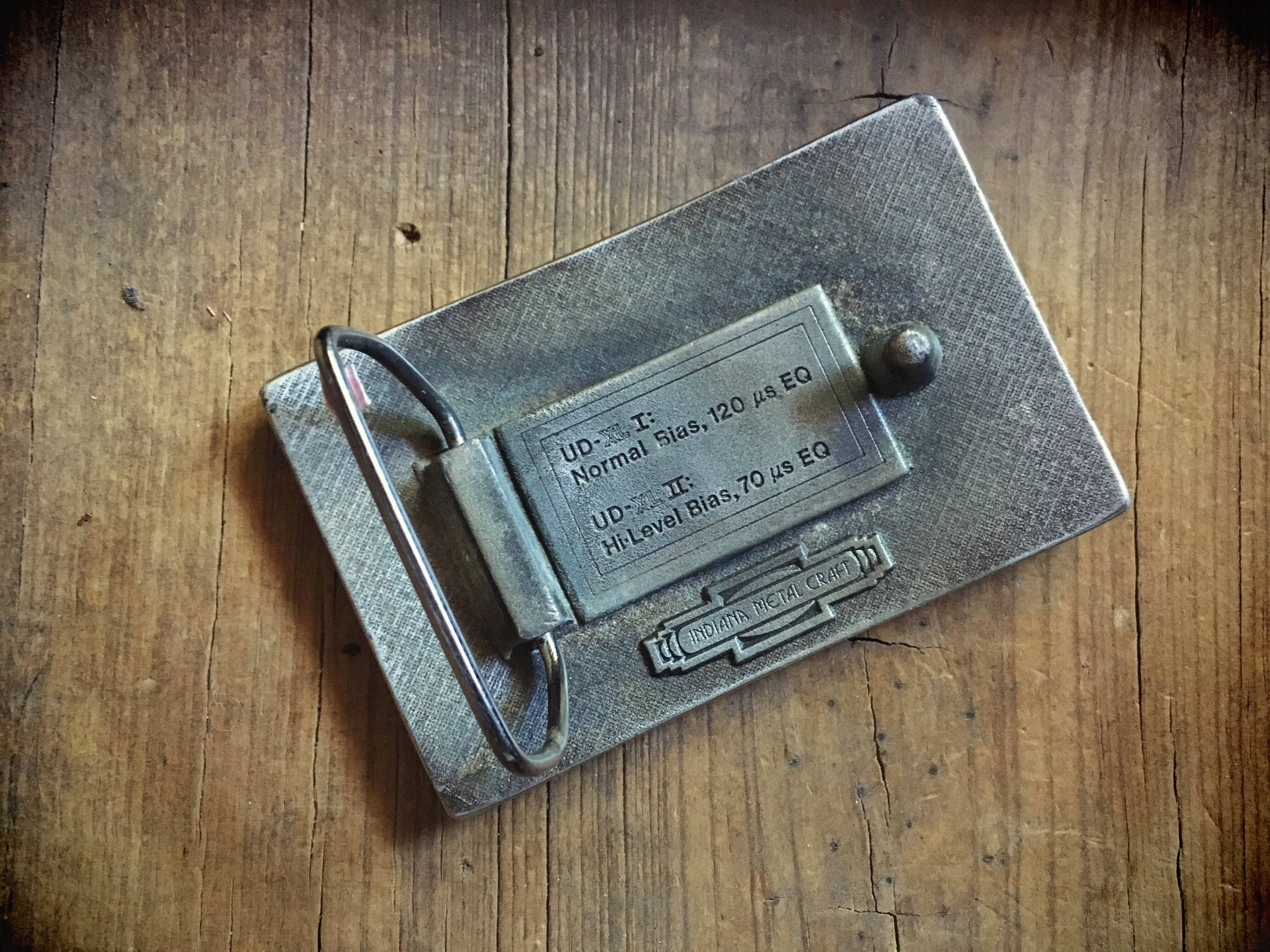 Vintage Maxell cassette tape belt buckle in silver tone metal, 1970s cassette music belt buckle