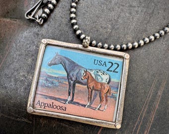 Sterling Silver Framed 1985 Horse Stamp Pendant on Dainty Navajo Pearls Chain 20", Appaloosa