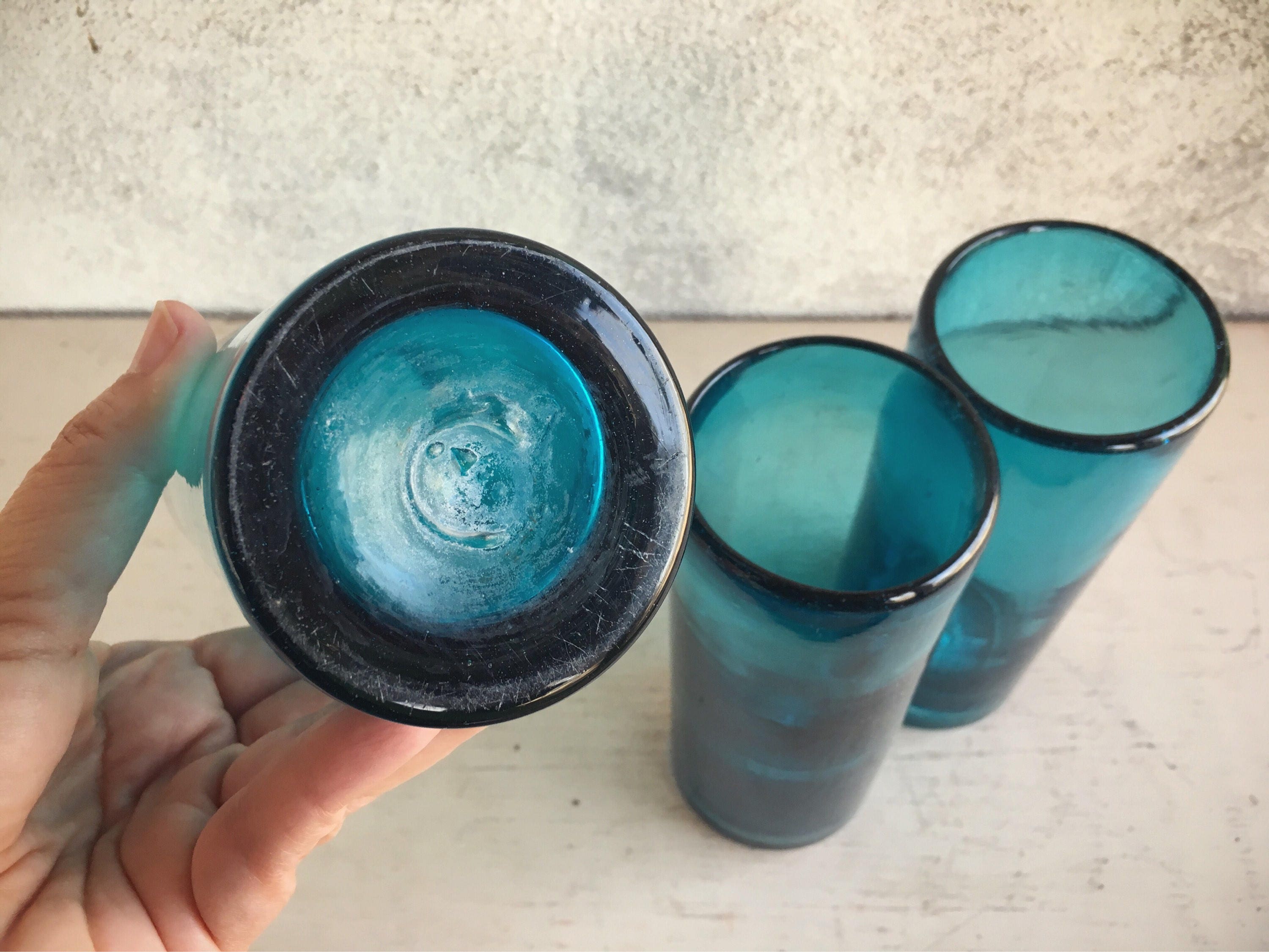 Three Mexican Blown Glass Tumblers Teal Color, Chunky Glass Mexican