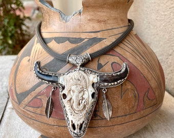 Large Pendant Steer Skull Carving in Sterling Silver Bezel on Vintage 925 Mesh (Dented) Necklace
