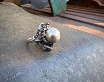Vintage Sterling Silver Sculptural Ring Approx Size 6, Art Nouveau Style Floral Design