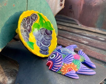 Two Colorful Mexican Pottery Folk Wall Hangings Fish and Bowl, Southwestern Beach House Decor