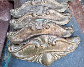 Antique Metal Drawer Pulls Handles Set of Four, Brass Bronze, Victorian Architectural Salvage