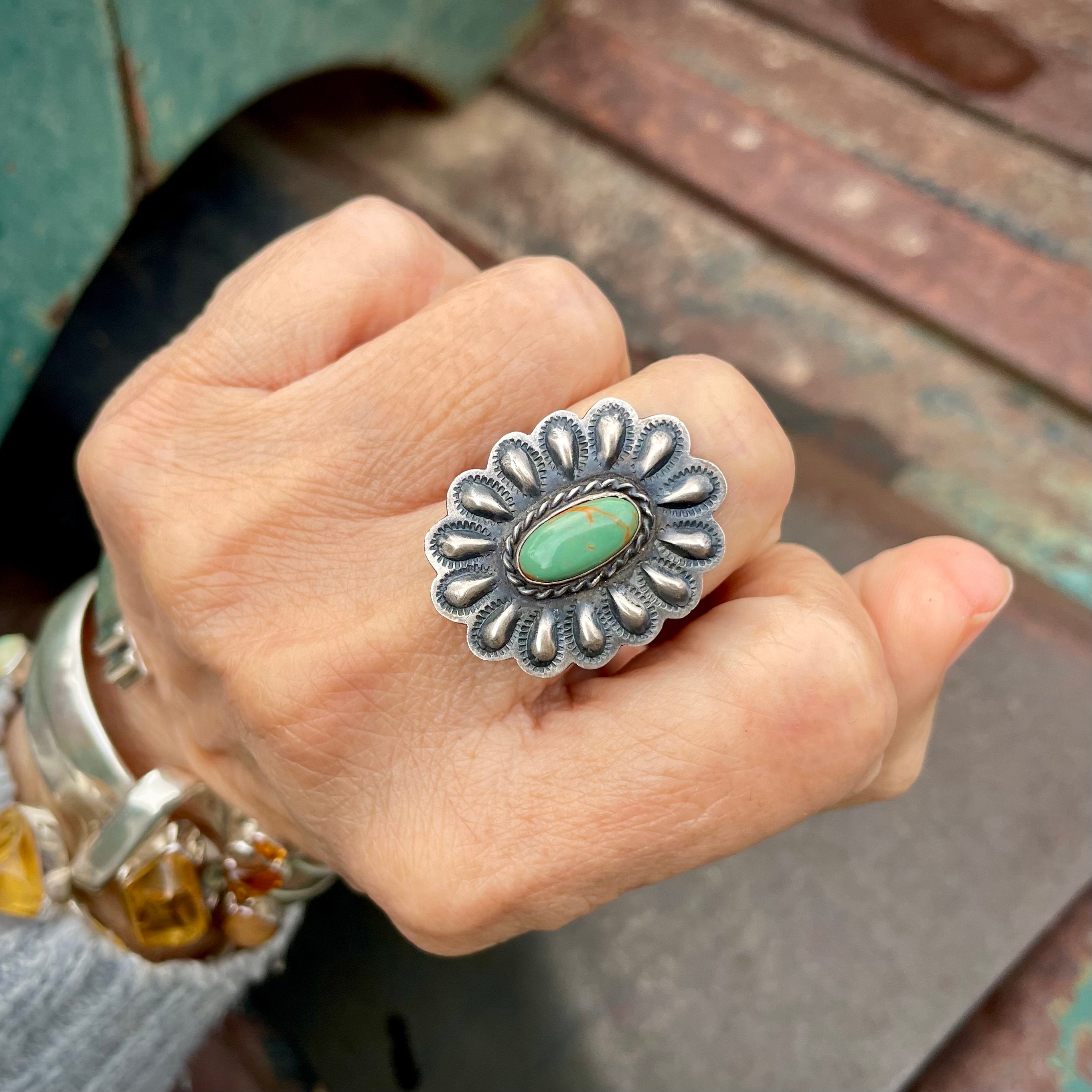 Robby Johnson Vintage Native American Navajo Hand Repoussed Sterling Silver Turquoise Bracelet Robby Johnson Vintage Native American Navajo Hand Repoussed Sterling Silver Turquoise Bracelet