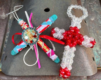 Two Handmade Vintage Cross Ornaments for Christmas Tree, Bottlecap Art and Beads, Folk Art Style