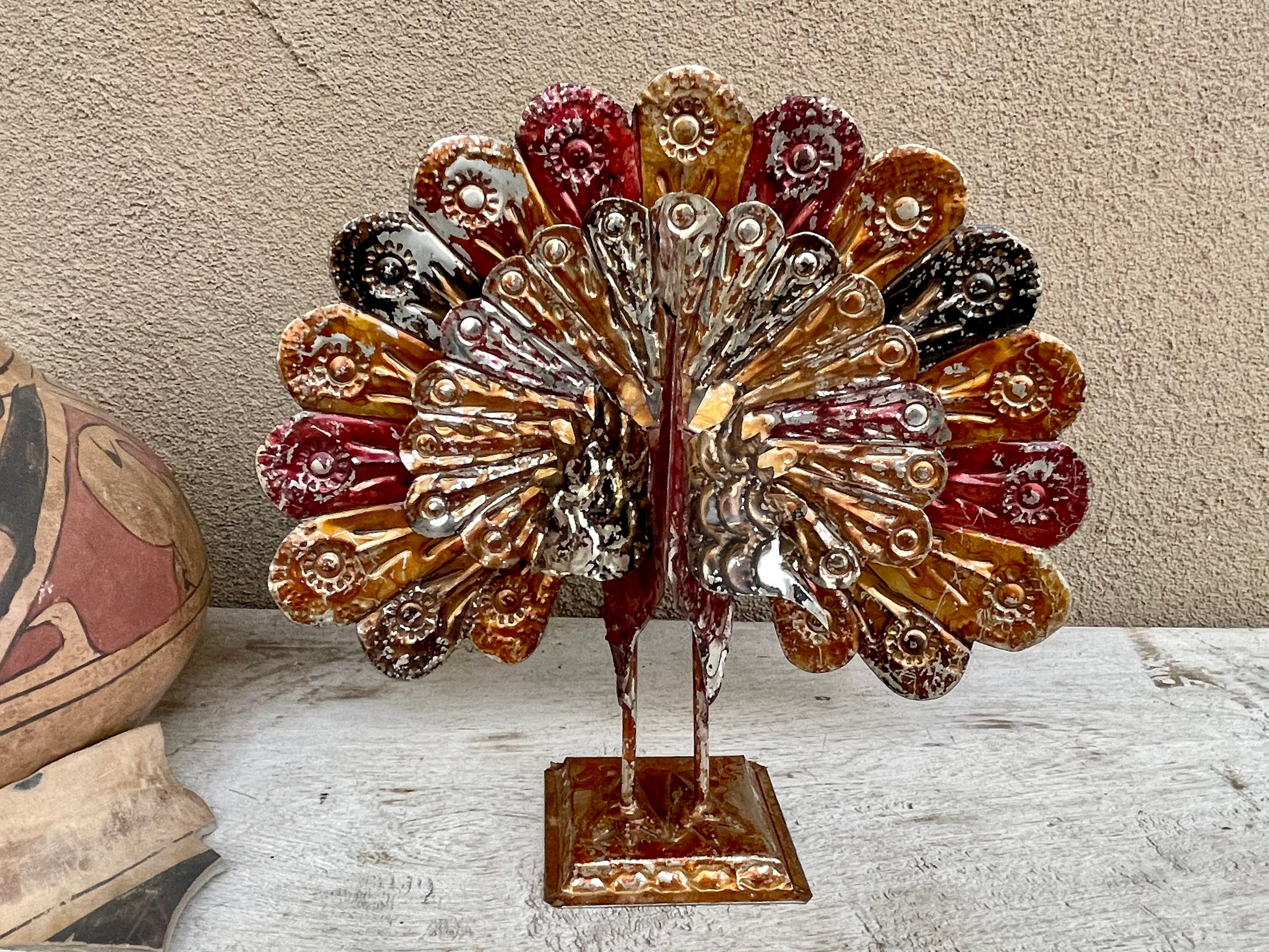 Mexican Tin Peacock Three Dimensional Colorful Decoration for Table Top