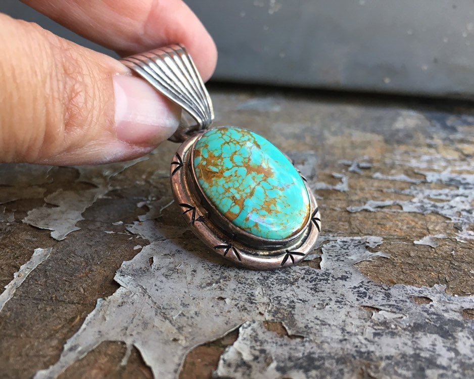 Vintage Turquoise Pendant for Necklace, Native American Indian Old Pawn
