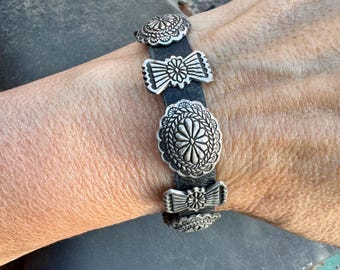 Vintage Leather Bracelet in Miniature Navajo Concho Belt Form, Never Used No Hole in Leather