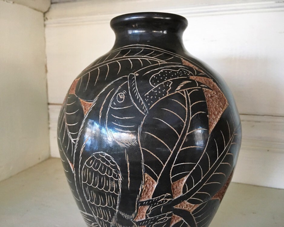 Download Vintage Etched Pottery Vase of Toucan Nicaraguan Pottery Vase Earthy Home Decor, Southwestern Decor