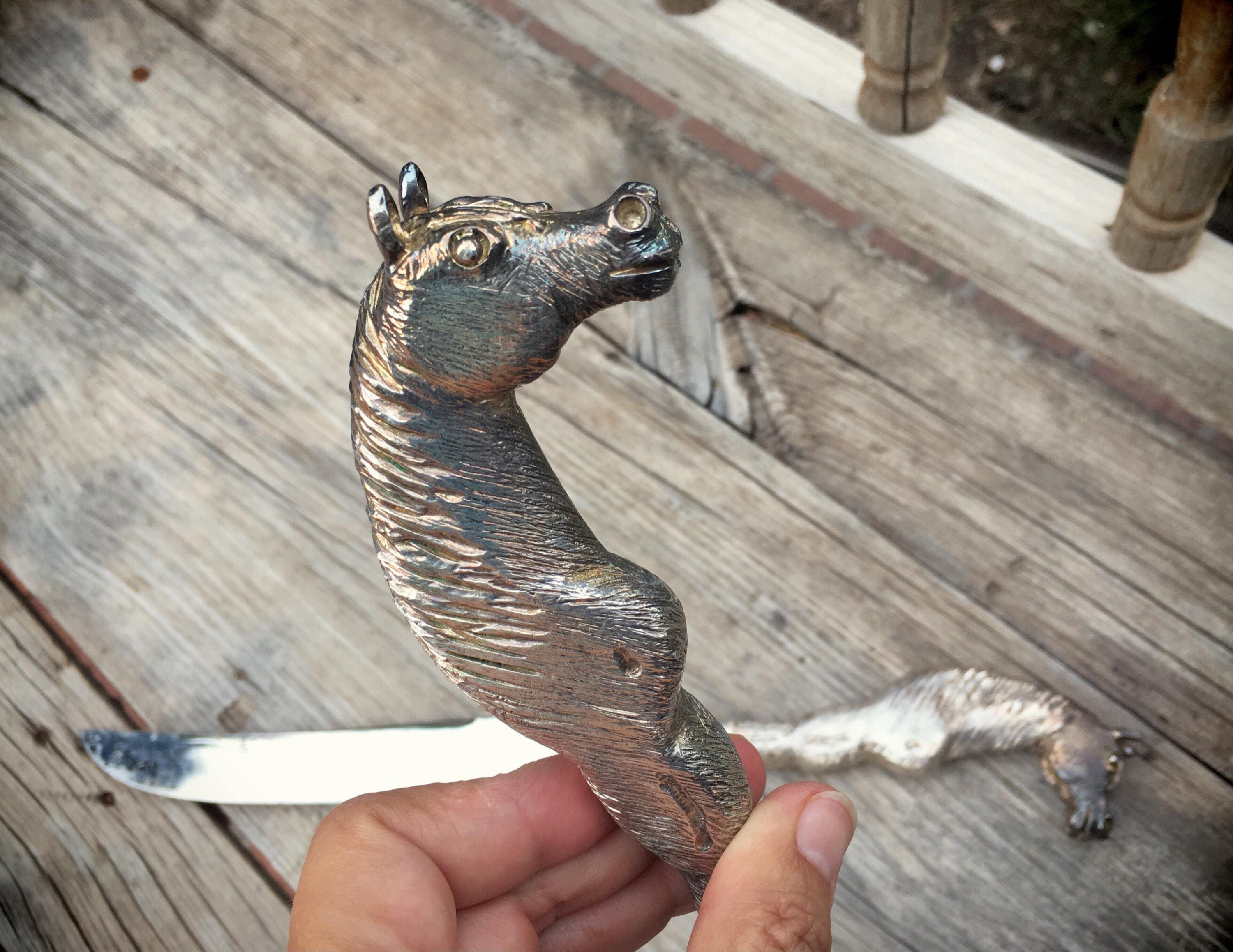 Vintage Sheffield carving knife set horse head handles stainless steel