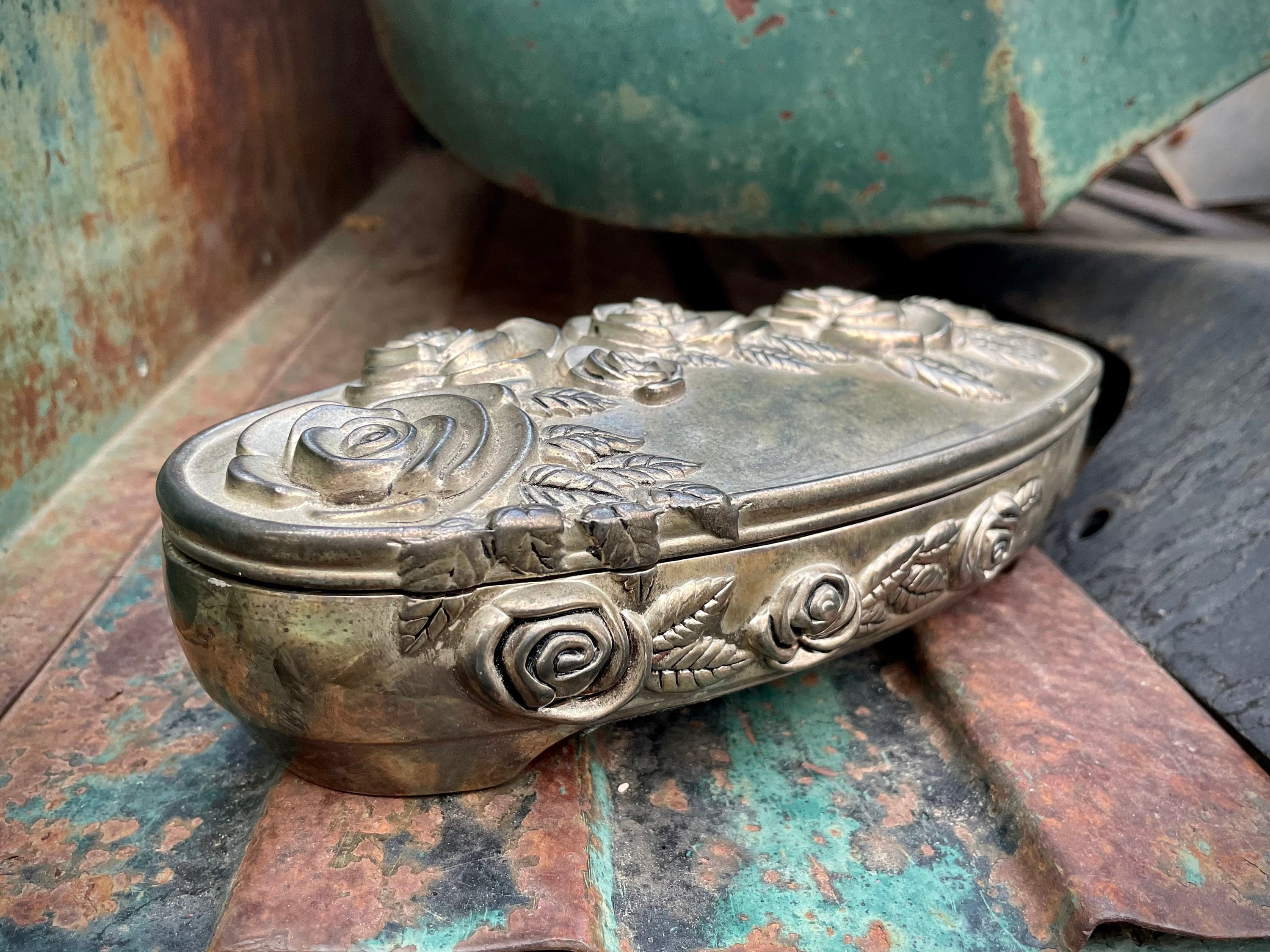 Vintage Godinger Silver Plated Trinket Box With Floral Rose Design Oval Shaped Jewelry Or Ring Holder Red Velvet Lining Grandmother Gift