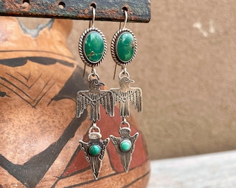 Green Turquoise Thunderbird and Arrowhead Icon Dangle Earrings in Fred Harvey Style, Navajo Jewelry