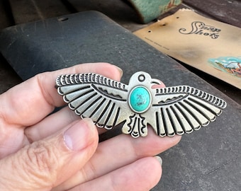 Antique Pot Metal Thunderbird Brooch with Turquoise-Colored Hubbell Glass "Stone", Fred Harvey Era