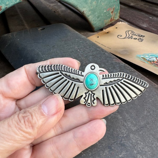 Antique Pot Metal Thunderbird Brooch with Turquoise-Colored Hubbell Glass "Stone", Fred Harvey Era Jewelry, Old Pawn, Southwestern Western