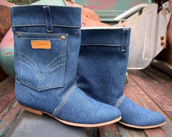 Vintage Capezio Denim Jean Boots Marked Size 7.5 M, Made in USA, 1980s Pirate Booty Style