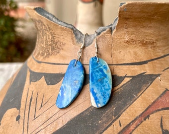 Small Narrowish Denim Lapis Slab Earrings by Santo Domingo Ray Lovato, Native America Indian Jewelry Unisex Women Men, Blue Healing Gemstone