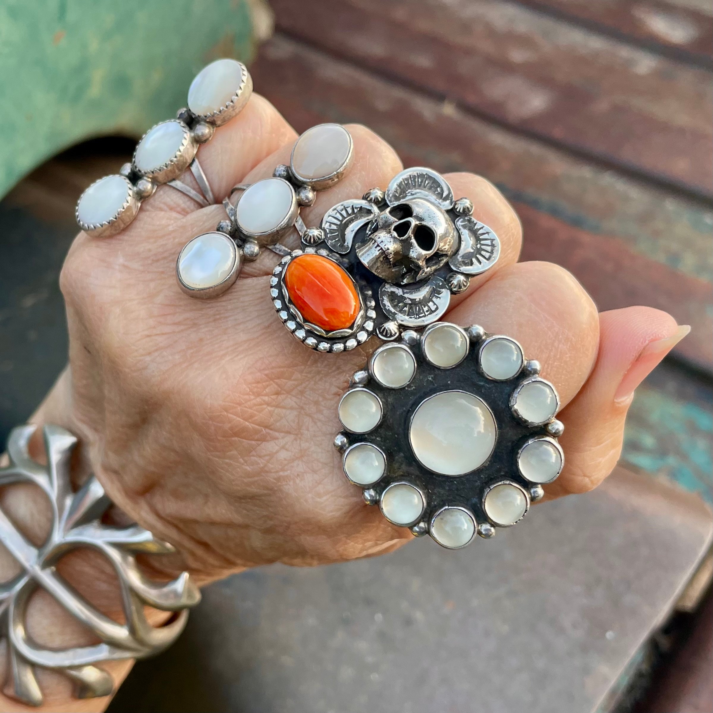 Spiny Oyster Calavera Ring Size 9, Southwestern Jewelry Skull Day