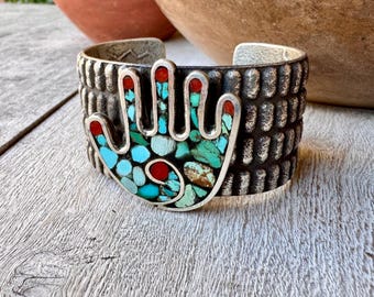 Kewa Pueblo Joel Pajarito Turquoise Sterling Silver Tufa Cast Hand Bracelet Size 6, Coral Accents