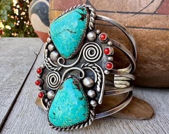 Large Vintage Turquoise Cuff Bracelet Approx Size 6 Small Wrist, Coral Accents, Old Pawn