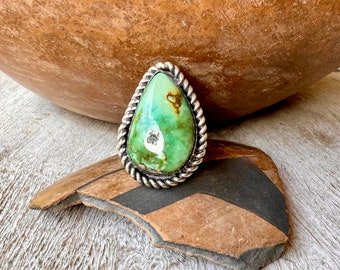Sonoran Turquoise Ring Size 7.75, Teardrop Shaped and Domed, Southwestern Native American