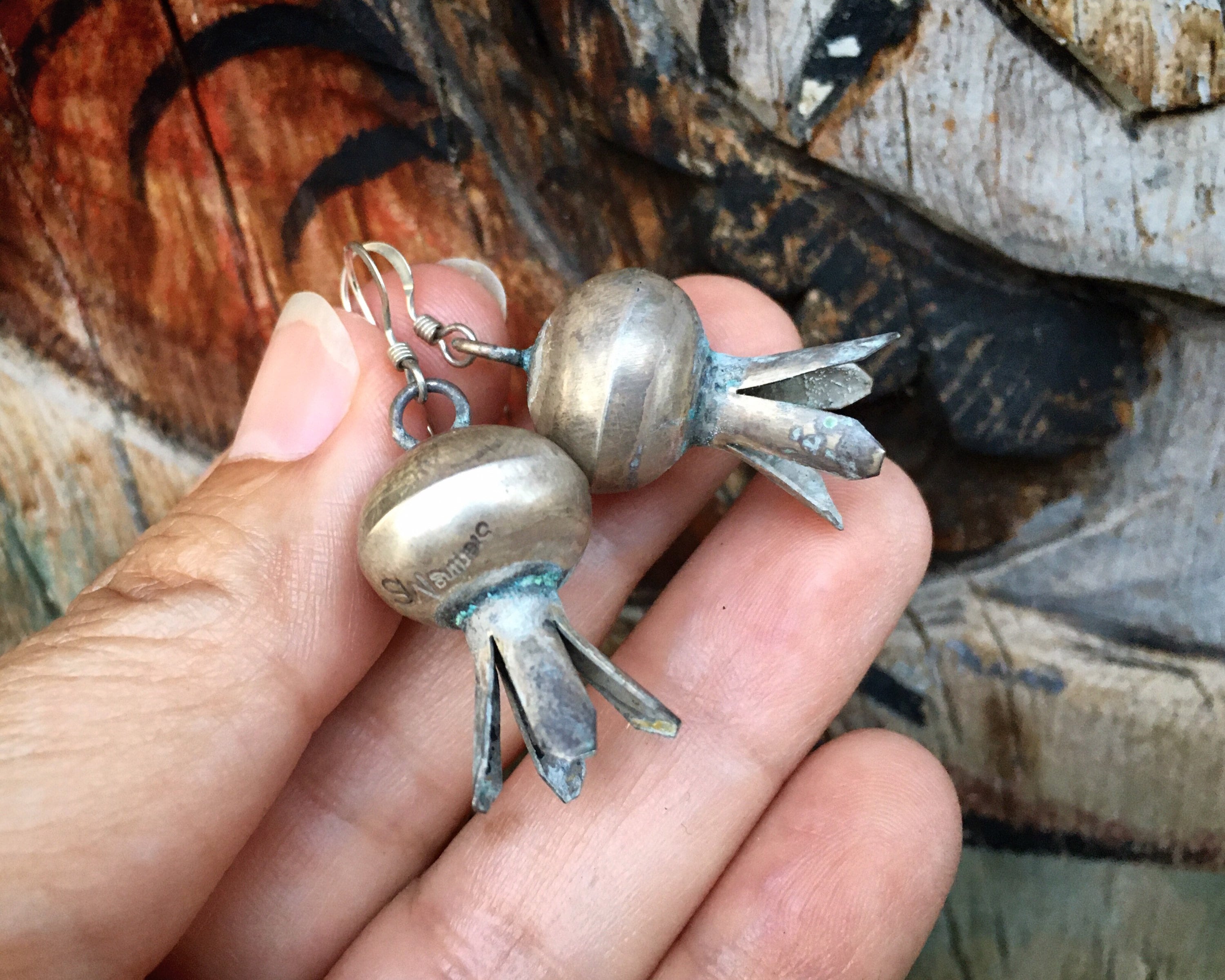 Navajo Native Sterling Silver Plain Squash Blossom Earrings By Monica Smith 