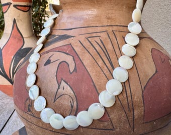 Vintage Mother of Pearl Pillow Bead Necklace Approx 24.5", Flat Disc Shape, Elegant Jewelry