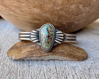 Navajo Sandcast Silver Turquoise Cuff Bracelet, Kirk Smith, Green Matrixed Stone