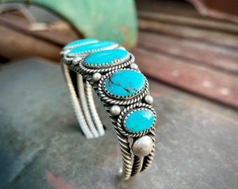 Vintage Navajo Turquoise Row Bracelet Approx Size 6.5", One Cracked Stone, Native American Cuff