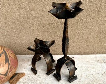 Vintage Rustic Iron Tabletop Candle Holders w/ Prickets, Southwestern Home Decor Spanish