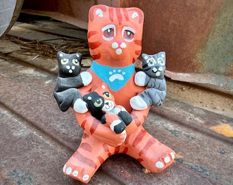 R.C. Ramey Pottery Cat Storyteller Figurine 4-3/4", Made in 2010, Southwestern Decor