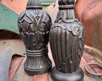 Two Carved Wood Finials Stained Dark Brown, French Country Decor, Architectural Salvage